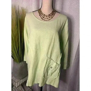 Palm Growe Women’s L Green Fringe Pocket Hobo Style 3/4 Sleeve Beach Tunic Top